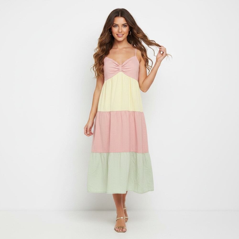 City Triangles Pastel Colorblock Midi Tiered Dress Coquette Cottagecore XL Y2K